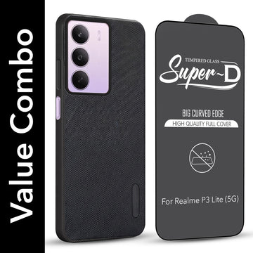 For Realme P3 Lite Combo with Back Cover and 9H Tempered Glass (Textured Grip Design | Micro-Fiber Cloth Inside | Oleophobic Coating Screen Glass)