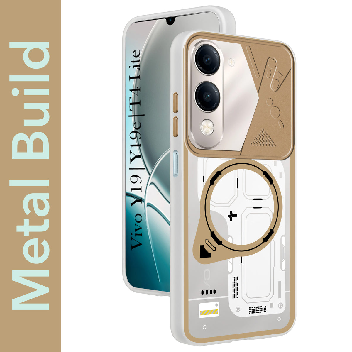 For Vivo Y19 | Vivo Y19e | Vivo T4 Lite Metallic Back Cover Case (Metallic Camera Protection & Buttons | Translucent Milky Shade | Hard Polycarbonate)