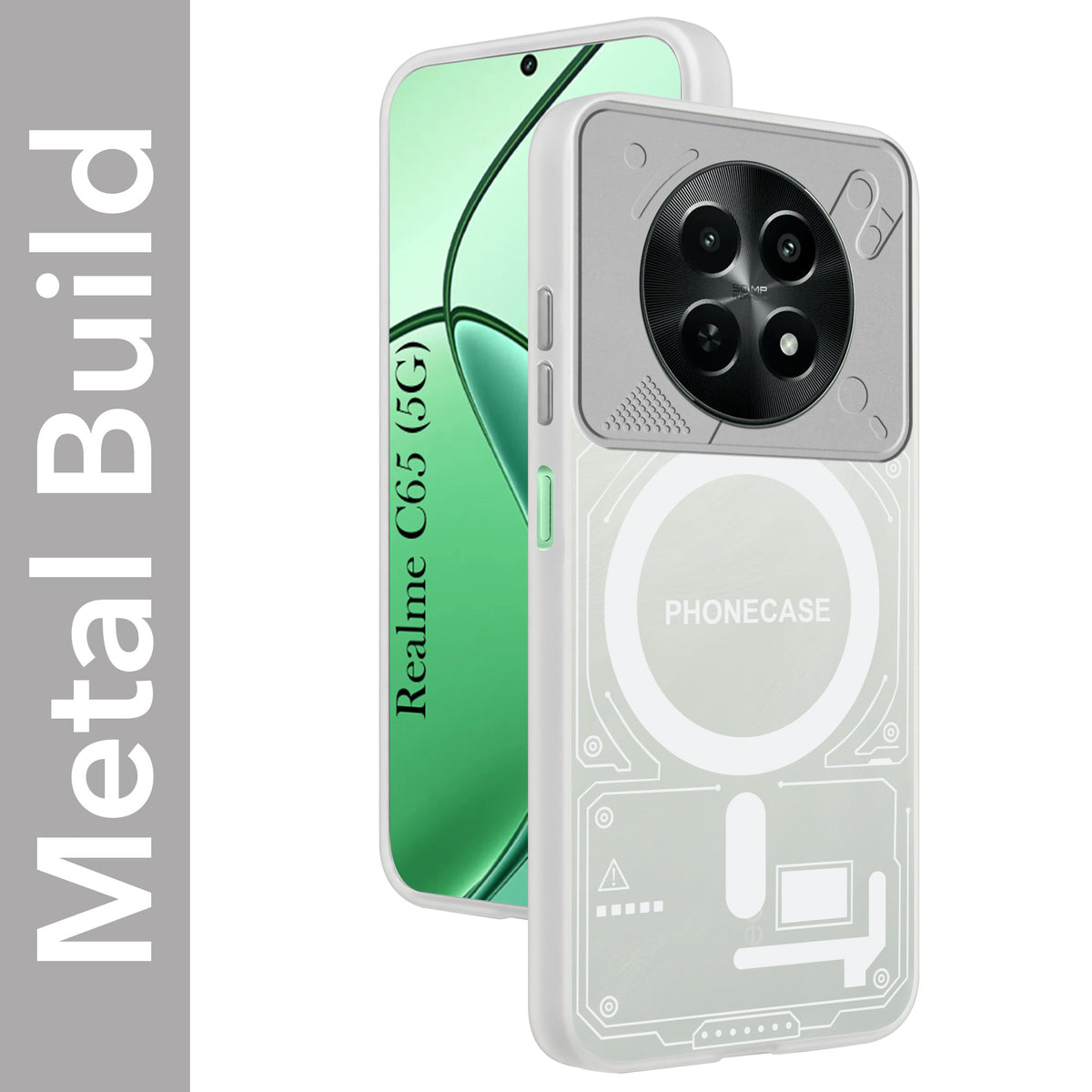 For Realme C65 5G Metallic Back Cover Case (Metallic Camera Protection & Buttons | Translucent Milky Shade | Hard Polycarbonate)
