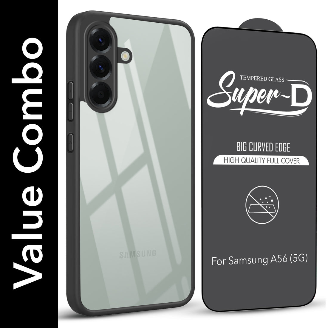 For Samsung Galaxy A56 Combo with Back Cover and 9H Tempered Glass (Lifetime Anti-Yellow | Crystal Clear Shockproof | Oleophobic Coating Screen Glass)