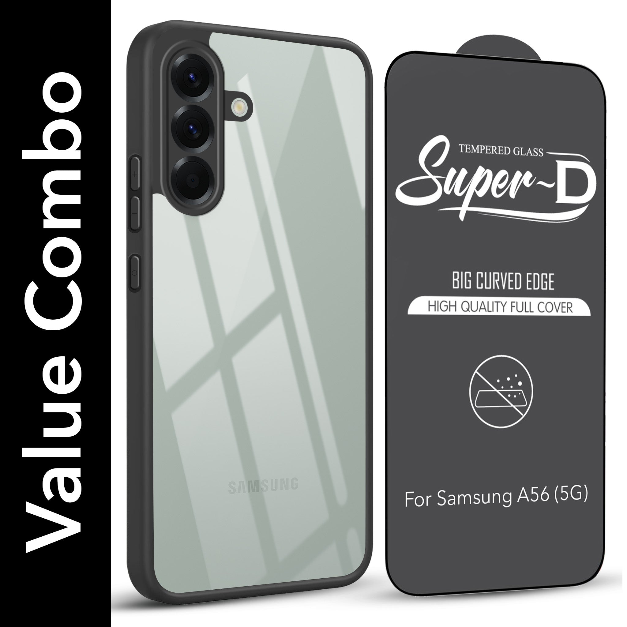 For Samsung Galaxy A56 Combo with Back Cover and 9H Tempered Glass (Lifetime Anti-Yellow | Crystal Clear Shockproof | Oleophobic Coating Screen Glass)