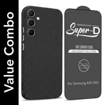 For Samsung Galaxy A55 5G Combo with Back Cover and 9H Tempered Glass (Liquid Silicone | Camera Protection | Oleophobic Coating Screen Glass)