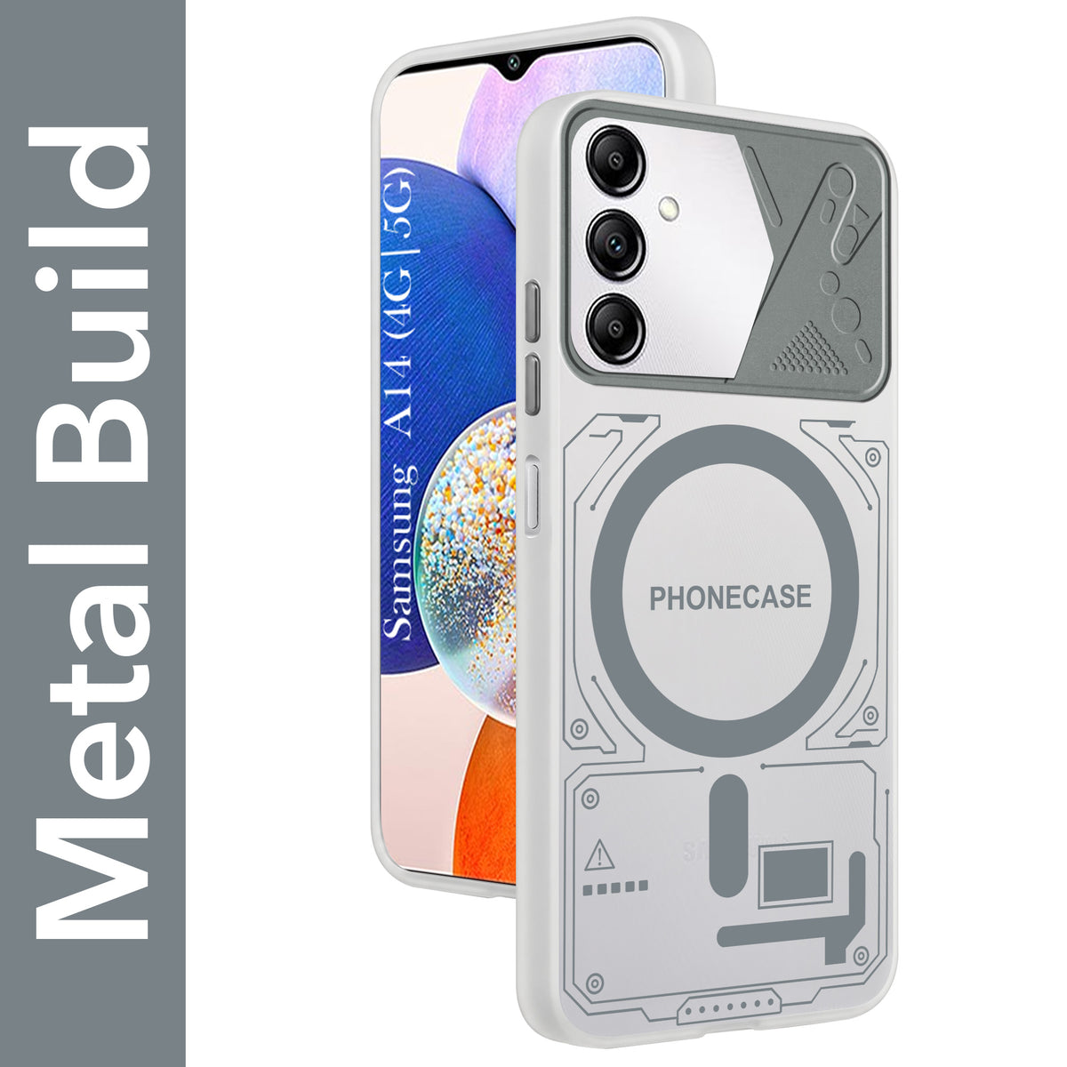 For Samsung Galaxy A14 4G | 5G Metallic Back Cover Case (Metallic Camera Protection & Buttons | Translucent Milky Shade | Hard Polycarbonate)