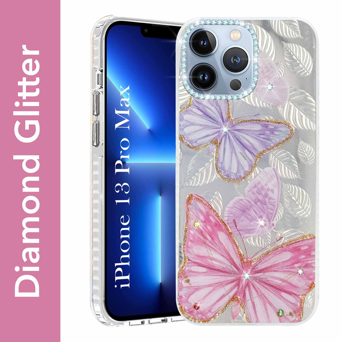 For Apple iPhone 13 Pro Max Back Cover Case (Luxury Floral Glitter Cute Butterfly | Diamond Studded Camera Bump | Girls & Women Design)