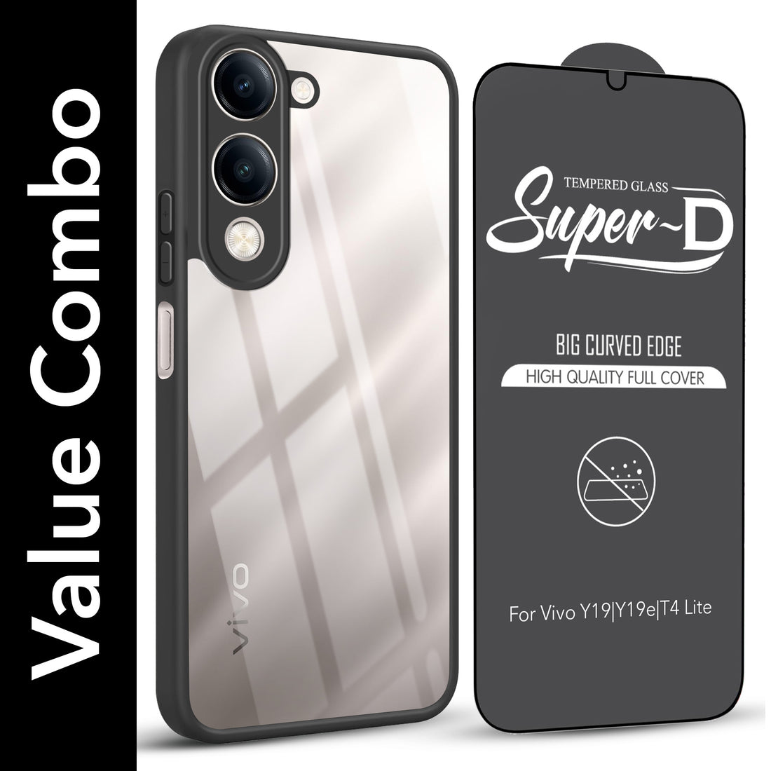 For Vivo Y19 | Vivo Y19e | Vivo T4 Lite Combo with Back Cover and 9H Tempered Glass (Lifetime Anti-Yellow | Crystal Clear Shockproof | Oleophobic Coating Screen Glass)