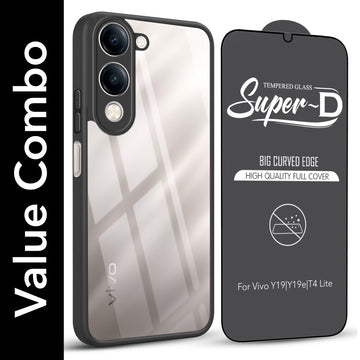 For Vivo Y19 | Vivo Y19e | Vivo T4 Lite Combo with Back Cover and 9H Tempered Glass (Lifetime Anti-Yellow | Crystal Clear Shockproof | Oleophobic Coating Screen Glass)