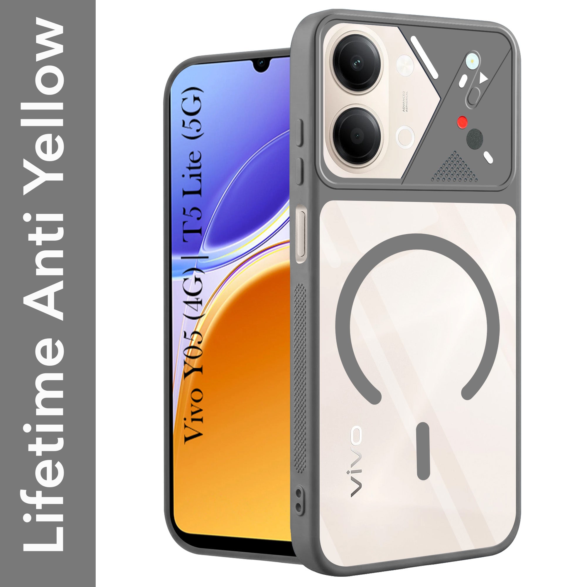 For Vivo Y05 4G | Vivo T5 Lite 5G Back Cover Case Lifetime Anti-Yellow Clear (Camera Protection | Side Grip | Wireless MagSafe Compatible)