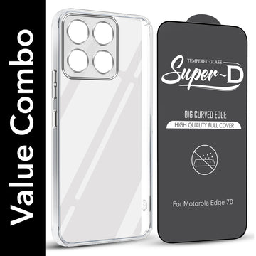 For Motorola Moto Edge 70 Combo with Back Cover and 9H Tempered Glass (Lifetime Anti-Yellow | Sleek Hard Crystal | Oleophobic Coating Screen Glass)
