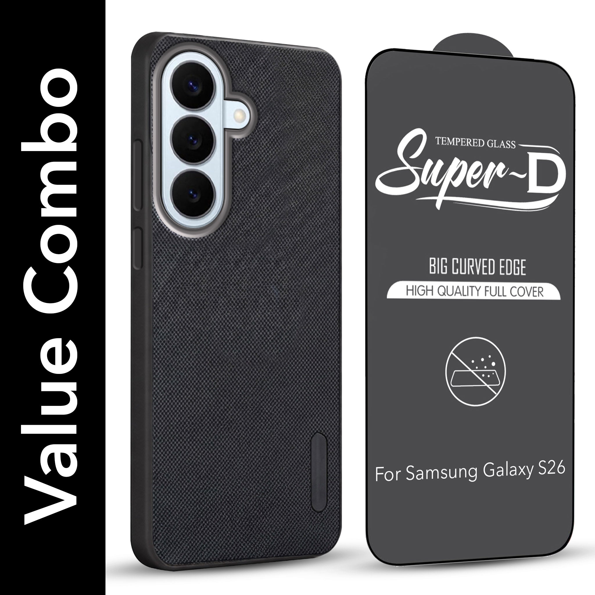 For Samsung Galaxy S26 5G Combo with Back Cover and 9H Tempered Glass (Textured Grip Design | Micro-Fiber Cloth Inside | Oleophobic Coating Screen Glass)