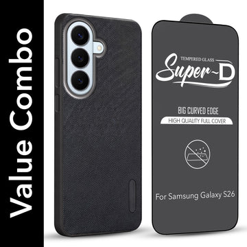 For Samsung Galaxy S26 5G Combo with Back Cover and 9H Tempered Glass (Textured Grip Design | Micro-Fiber Cloth Inside | Oleophobic Coating Screen Glass)