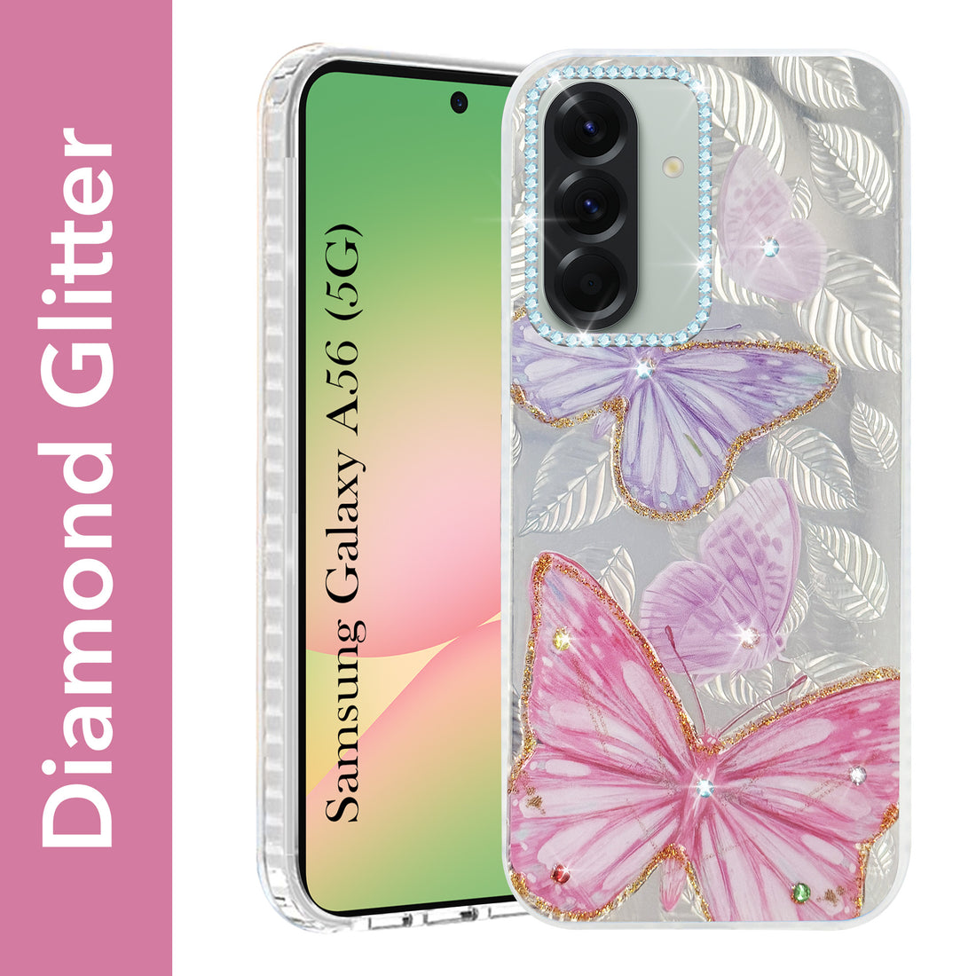 For Samsung Galaxy A56 Back Cover Case (Luxury Floral Glitter Cute Butterfly | Diamond Studded Camera Bump | Girls & Women Design)