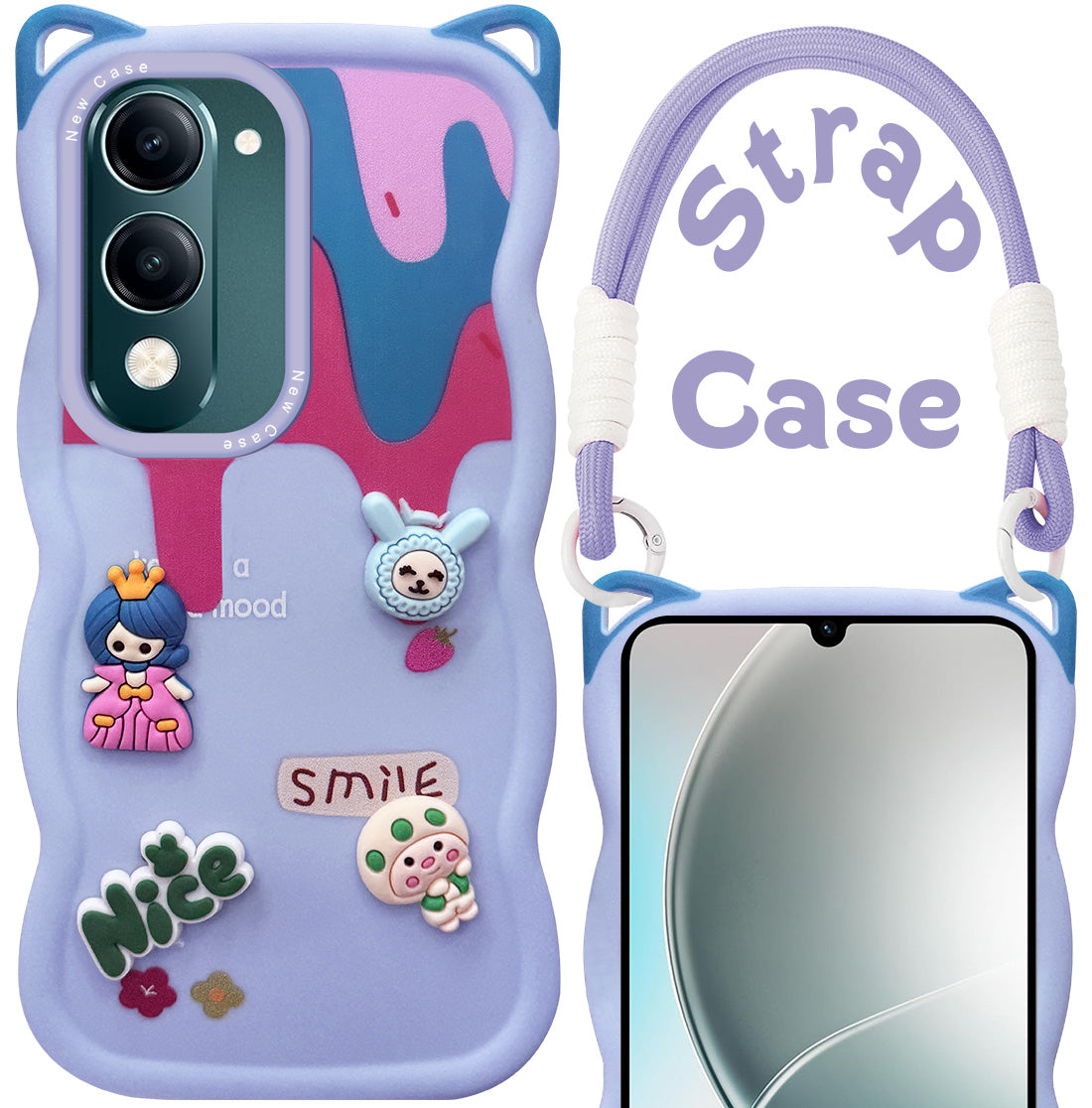 For Vivo Y19 | Vivo Y19e | Vivo T4 Lite Back Case Cover Strap (3D Embossed Figures | Strap Holder | 360* Soft Cushion with Camera Bump)