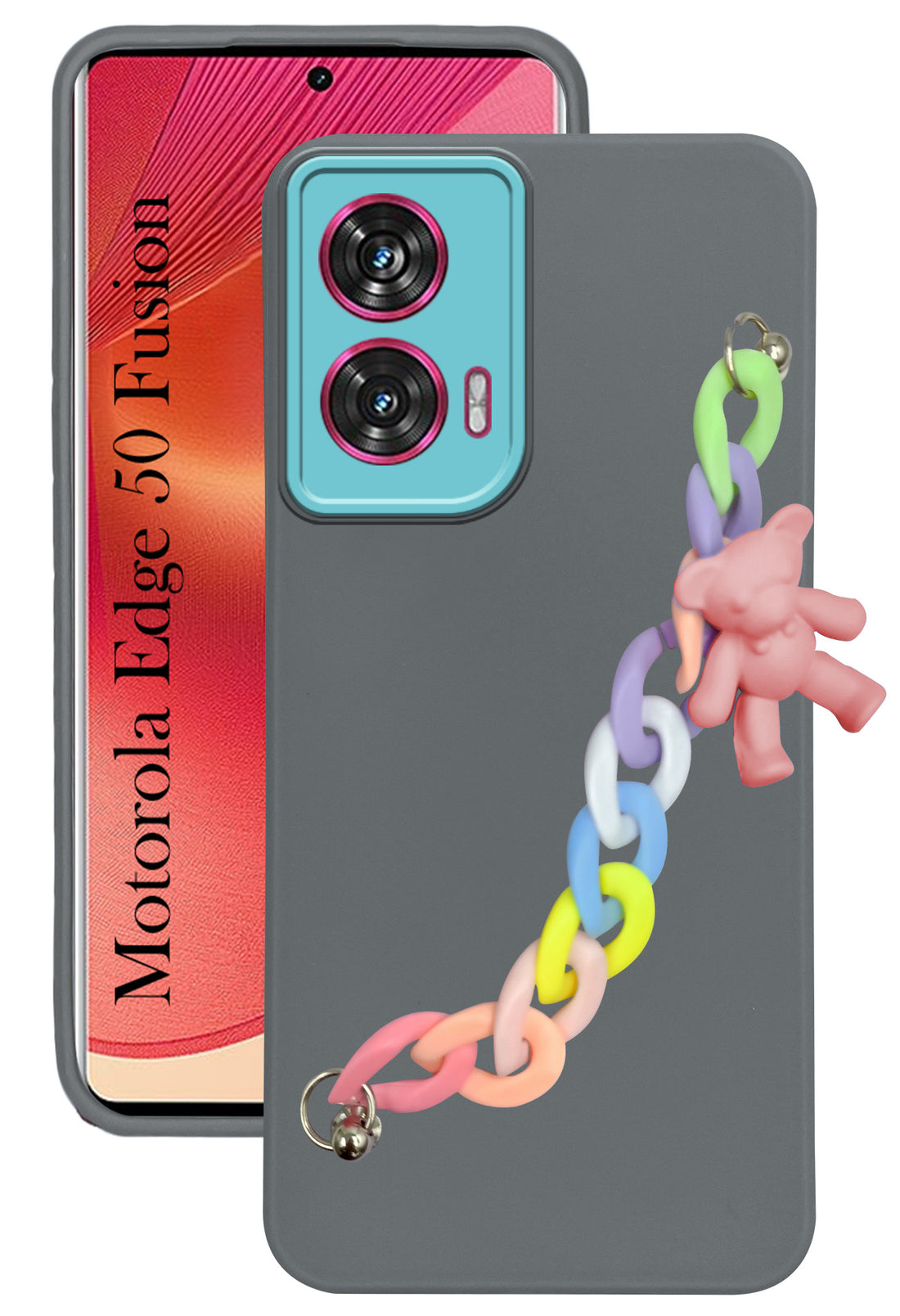 For Motorola Moto Edge 50 Fusion Back Cover Case (Wrist Hanging Chain | Teddy Bracelet Charms | Dual Color Matte Finish | Full Camera Protection | Sleek and Professional)