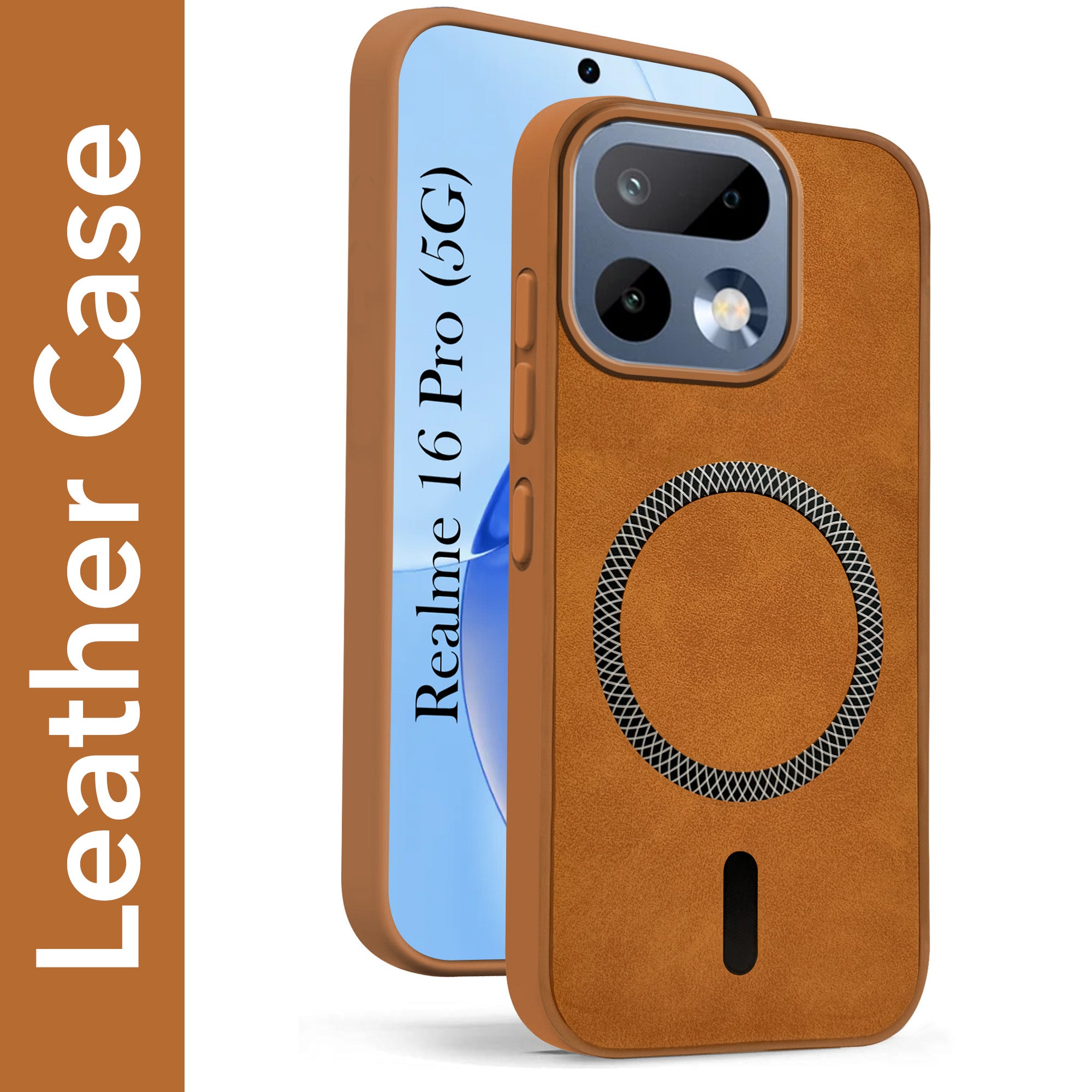 For Realme 16 Pro Back Cover Case Leather Finish (MagSafe Compatible Wireless Charging | Soft Touch | Camera Bump Protection)
