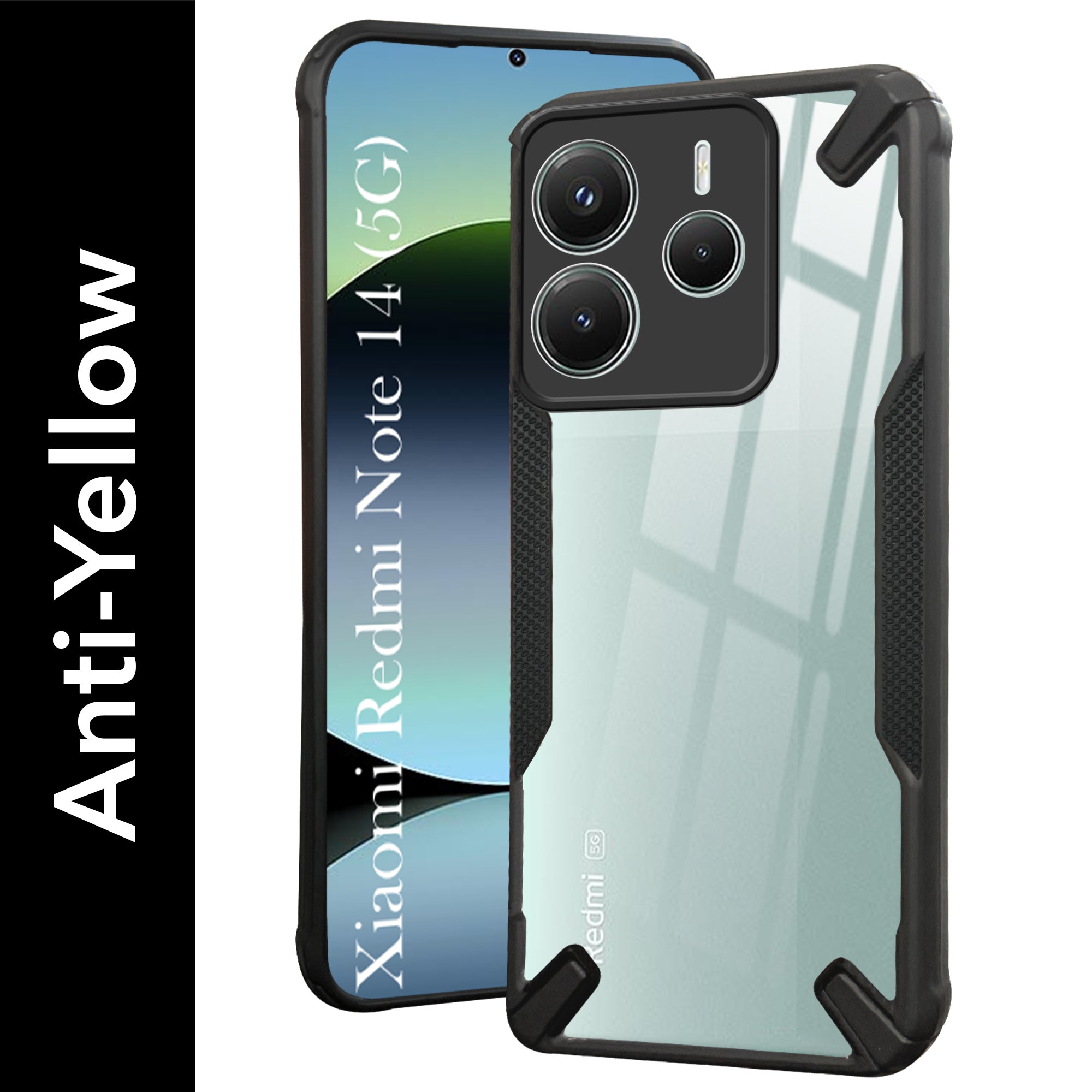 For Redmi Note 14 5G Back Cover Case (Hybrid Crystal | Ultimate Shockproof Bumpers | Anti Yellow | Rugged Armor | Black )