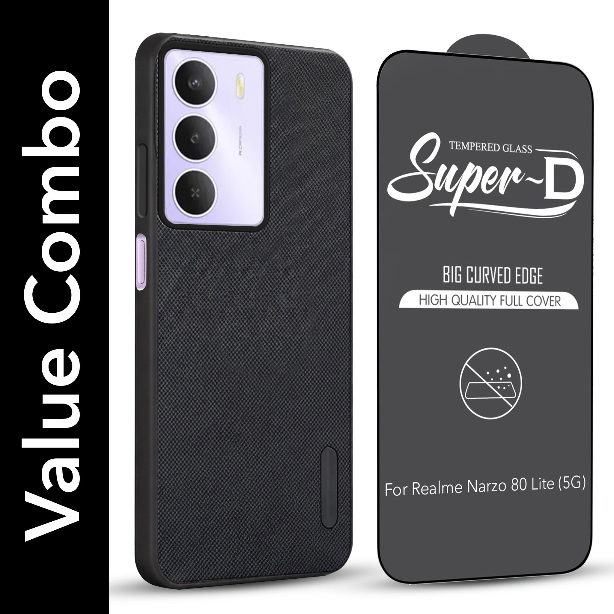 For Realme Narzo 80 Lite 5G Combo with Back Cover and 9H Tempered Glass (Textured Grip Design | Micro-Fiber Cloth Inside | Oleophobic Coating Screen Glass)