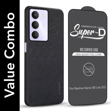 For Realme Narzo 80 Lite 5G Combo with Back Cover and 9H Tempered Glass (Textured Grip Design | Micro-Fiber Cloth Inside | Oleophobic Coating Screen Glass)