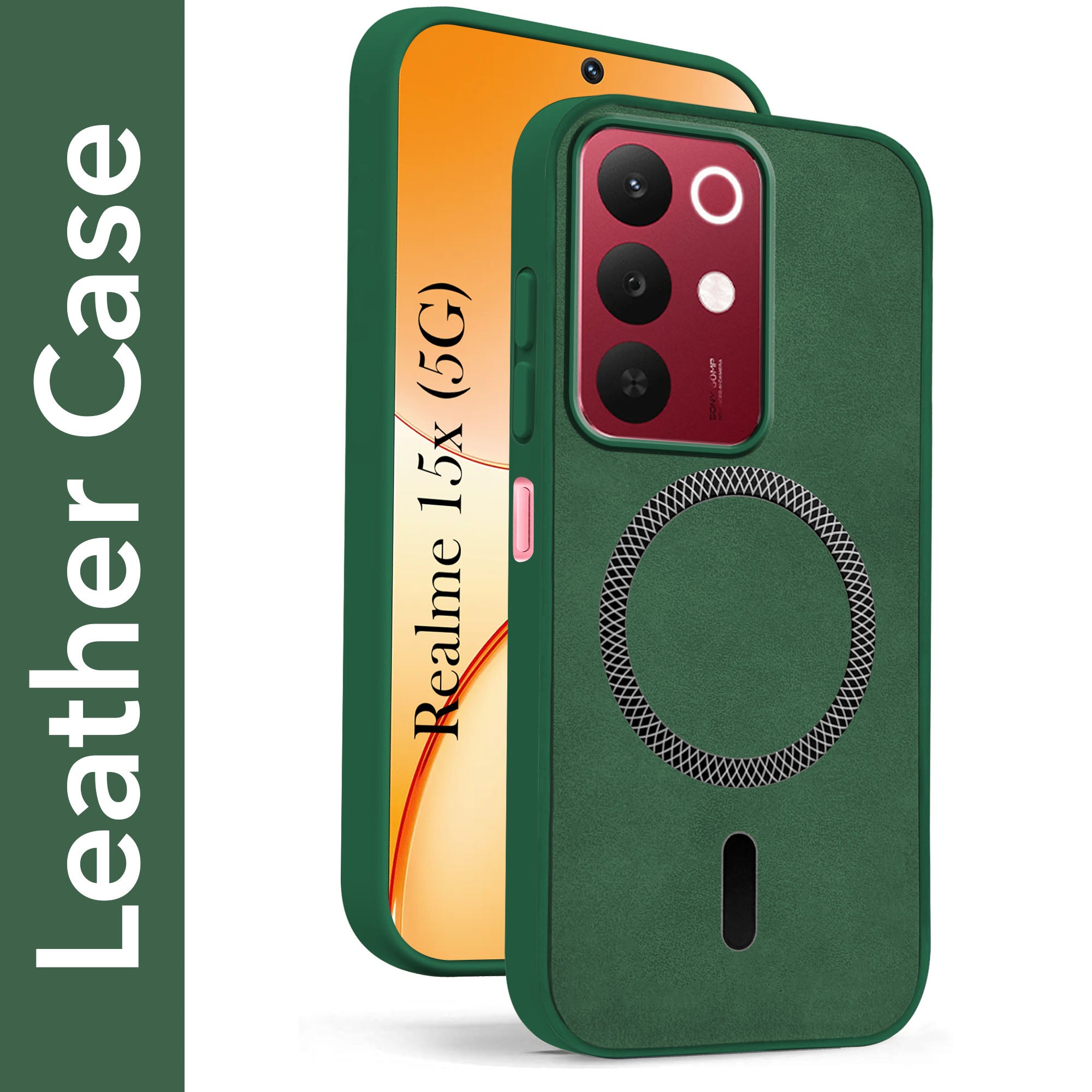 For Realme 15X Back Cover Case Leather Finish (MagSafe Compatible Wireless Charging | Soft Touch | Camera Bump Protection)