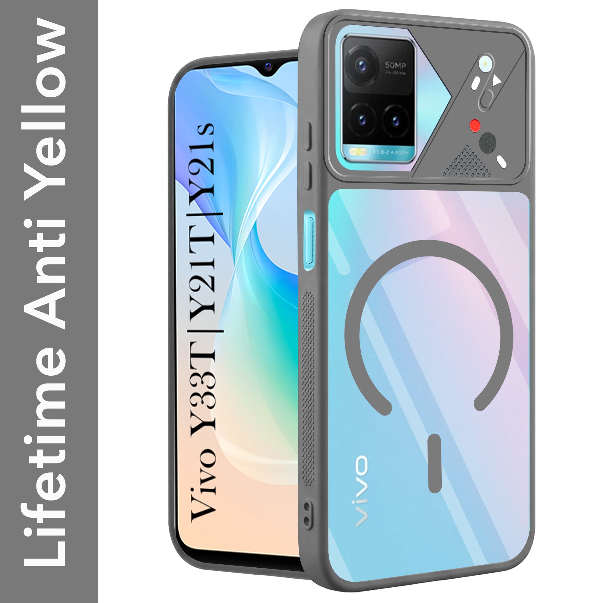 For Vivo Y33T | Vivo Y21T | Vivo Y21s Back Cover Case Lifetime Anti-Yellow Clear (Camera Protection | Side Grip | Wireless MagSafe Compatible)