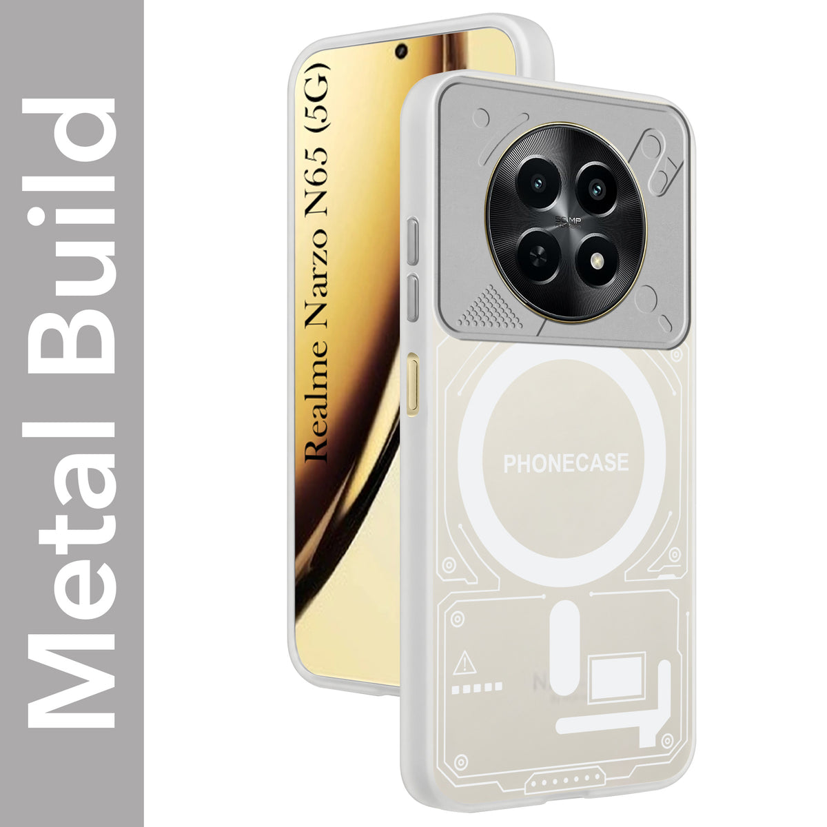 For Realme Narzo N65 5G Metallic Back Cover Case (Metallic Camera Protection & Buttons | Translucent Milky Shade | Hard Polycarbonate)