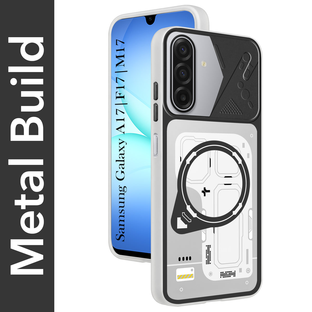 For Samsung Galaxy A17 | Samsung F17 | Samsung M17 5G Metallic Back Cover Case (Metallic Camera Protection & Buttons | Translucent Milky Shade | Hard Polycarbonate)