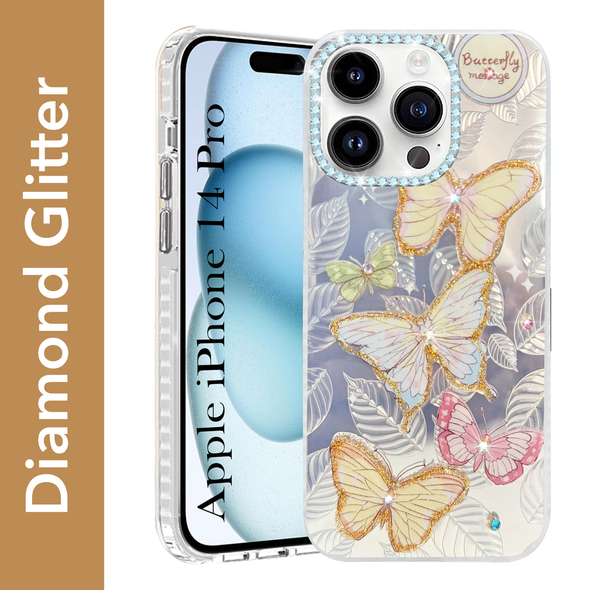 For Apple iPhone 13 Pro Back Cover Case (Luxury Floral Glitter Cute Butterfly | Diamond Studded Camera Bump | Girls & Women Design)