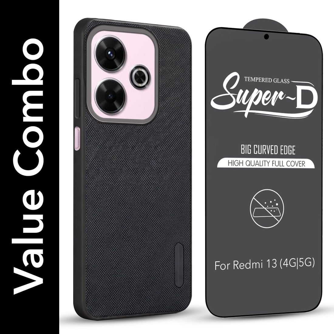 For Xiaomi Mi Redmi 13 4G | 5G Combo with Back Cover and 9H Tempered Glass (Textured Grip Design | Micro-Fiber Cloth Inside | Oleophobic Coating Screen Glass)