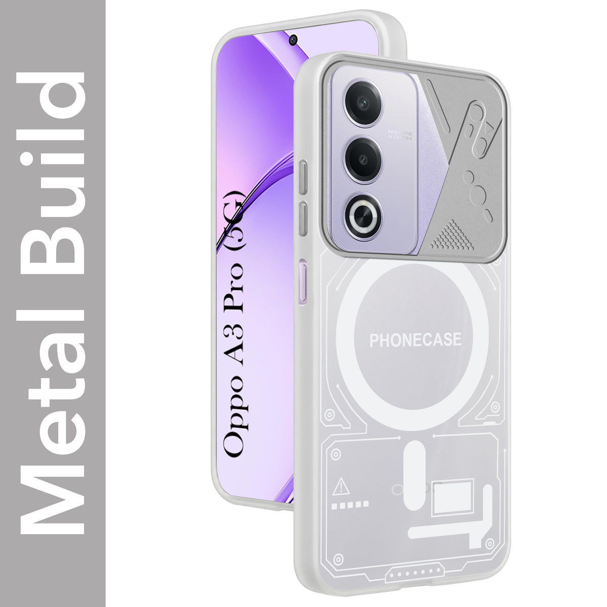 For Oppo A3 Pro 5G Metallic Back Cover Case (Metallic Camera Protection & Buttons | Translucent Milky Shade | Hard Polycarbonate)
