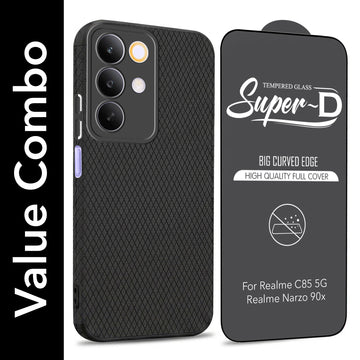 For Realme C85 5G | Realme Narzo 90x Combo with Back Cover and 9H Tempered Glass (Liquid Silicone | Camera Protection | Oleophobic Coating Screen Glass)