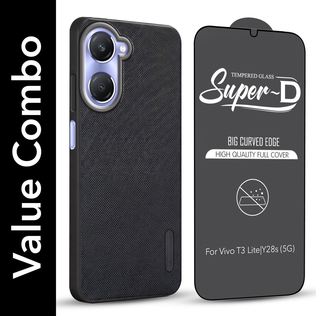 For Vivo Y28s 5G | Vivo T3 Lite 5G Combo (Textured Grip Design | Micro-Fiber Cloth Inside | Oleophobic Coating Screen Glass)