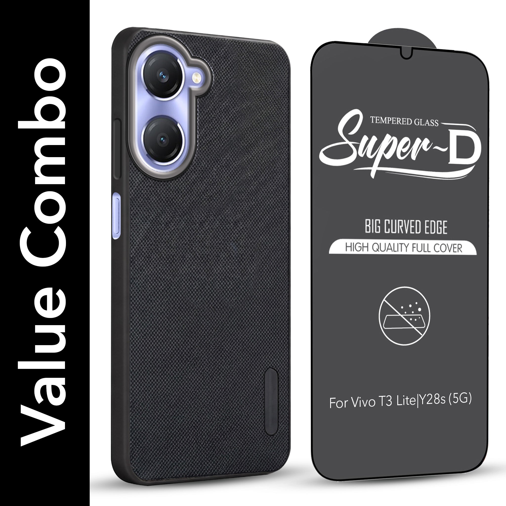 For Vivo Y28s 5G | Vivo T3 Lite 5G Combo (Textured Grip Design | Micro-Fiber Cloth Inside | Oleophobic Coating Screen Glass)