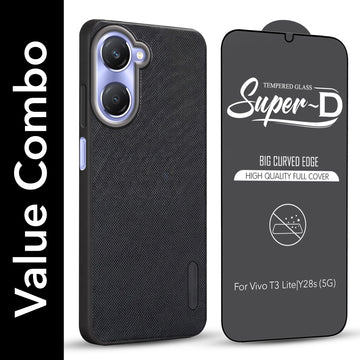 For Vivo Y28s 5G | Vivo T3 Lite 5G Combo (Textured Grip Design | Micro-Fiber Cloth Inside | Oleophobic Coating Screen Glass)