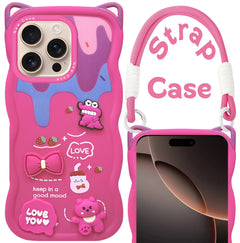 For Apple iPhone 16 Pro Back Case Cover Strap(3D Embossed Figures | Strap Holder | 360* Soft Cushion with Camera Bump)