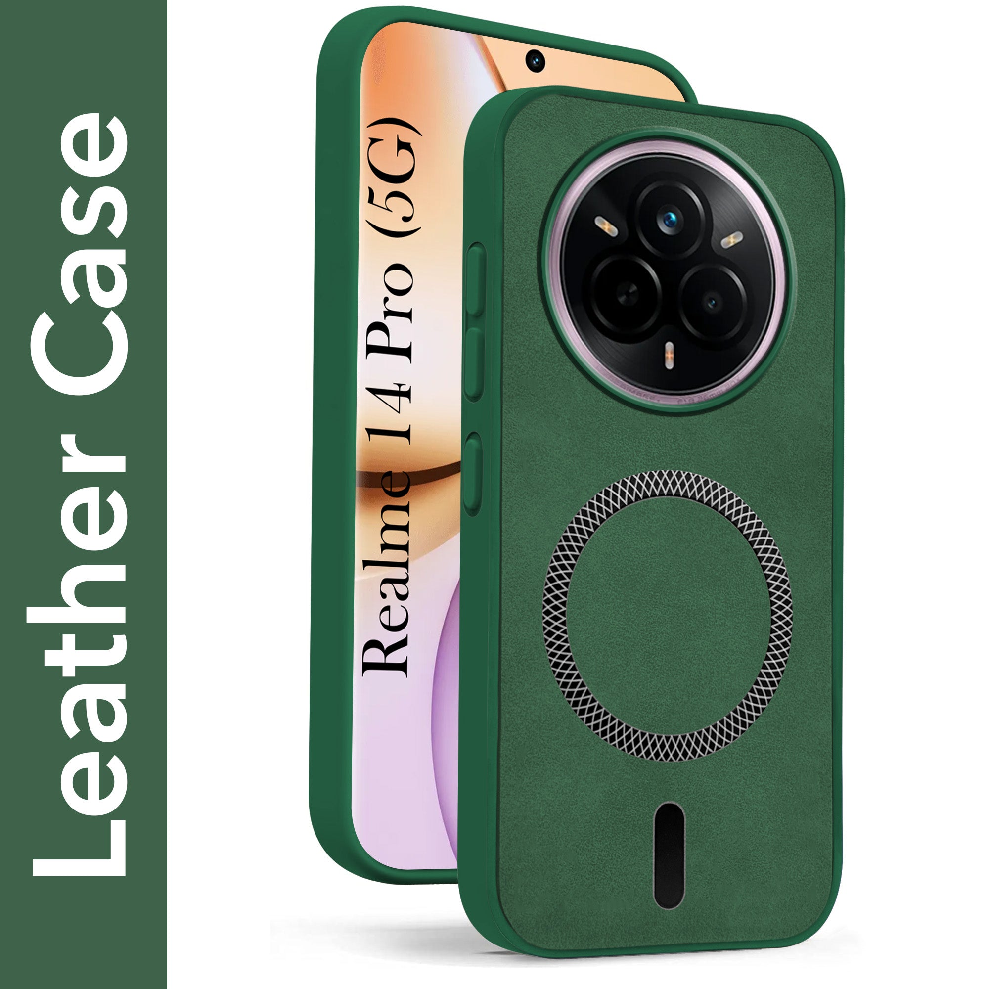 For Realme 14 Pro Back Cover Case Leather Finish (MagSafe Compatible Wireless Charging | Soft Touch | Camera Bump Protection)