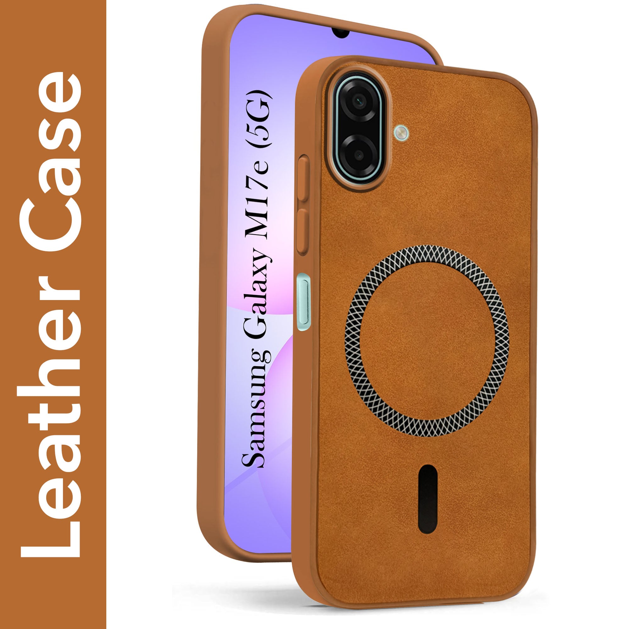 For Samsung Galaxy M17e Back Cover Case Leather Finish (MagSafe Compatible Wireless Charging | Soft Touch | Camera Bump Protection)