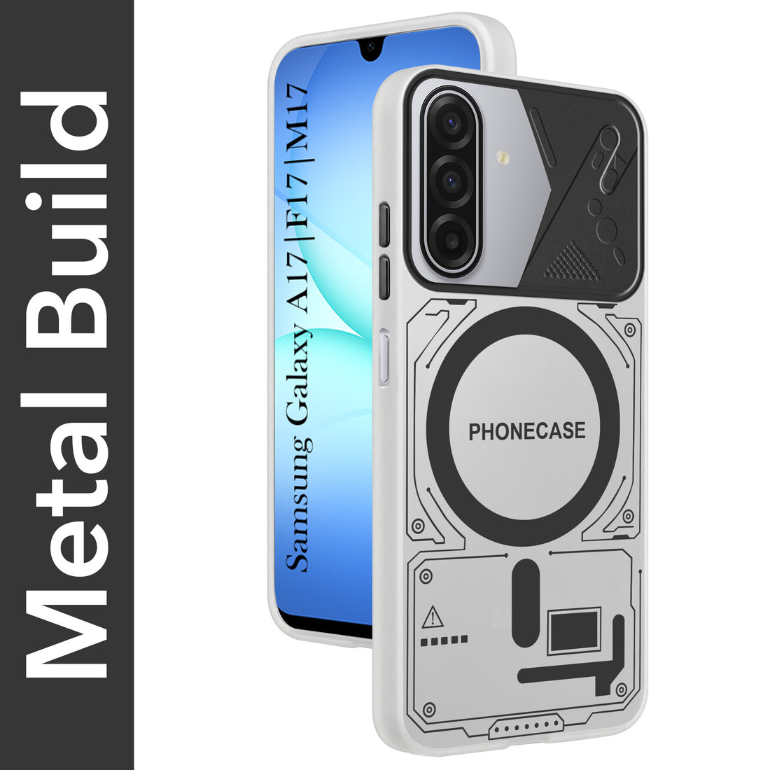 For Samsung Galaxy A17 | Samsung F17 | Samsung M17 5G Metallic Back Cover Case (Metallic Camera Protection & Buttons | Translucent Milky Shade | Hard Polycarbonate)