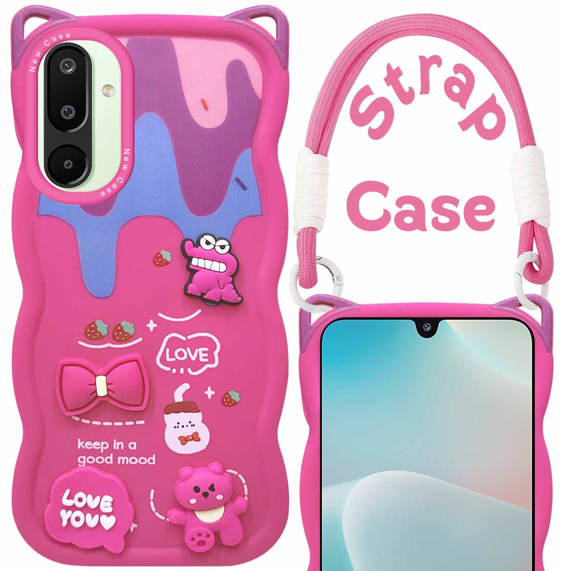 For Samsung Galaxy M16 5G | Samsung Galaxy F16 5G Back Case Cover Strap (3D embossed Figures | Strap Holder | 360* Soft Cushion with Camera Bump)