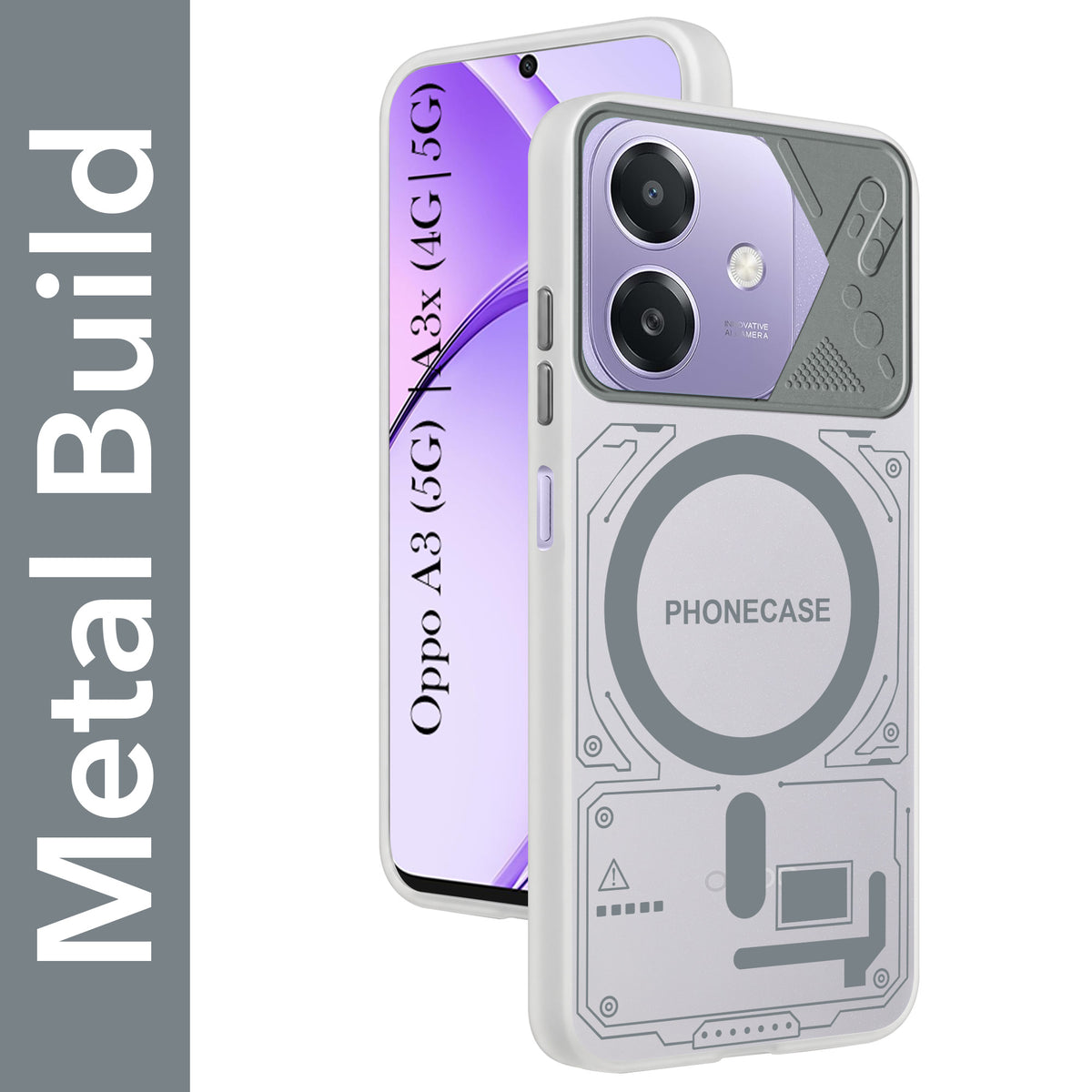 For Oppo A3X (4G/5G) | Oppo A3 5G Metallic Back Cover Case (Metallic Camera Protection & Buttons | Translucent Milky Shade | Hard Polycarbonate)