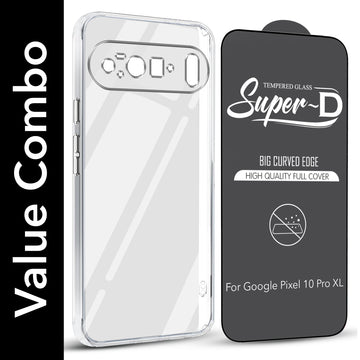 For Google Pixel 10 Pro XL Combo with Back Cover and 9H Tempered Glass (Lifetime Anti-Yellow | Sleek Hard Crystal | Oleophobic Coating Screen Glass)