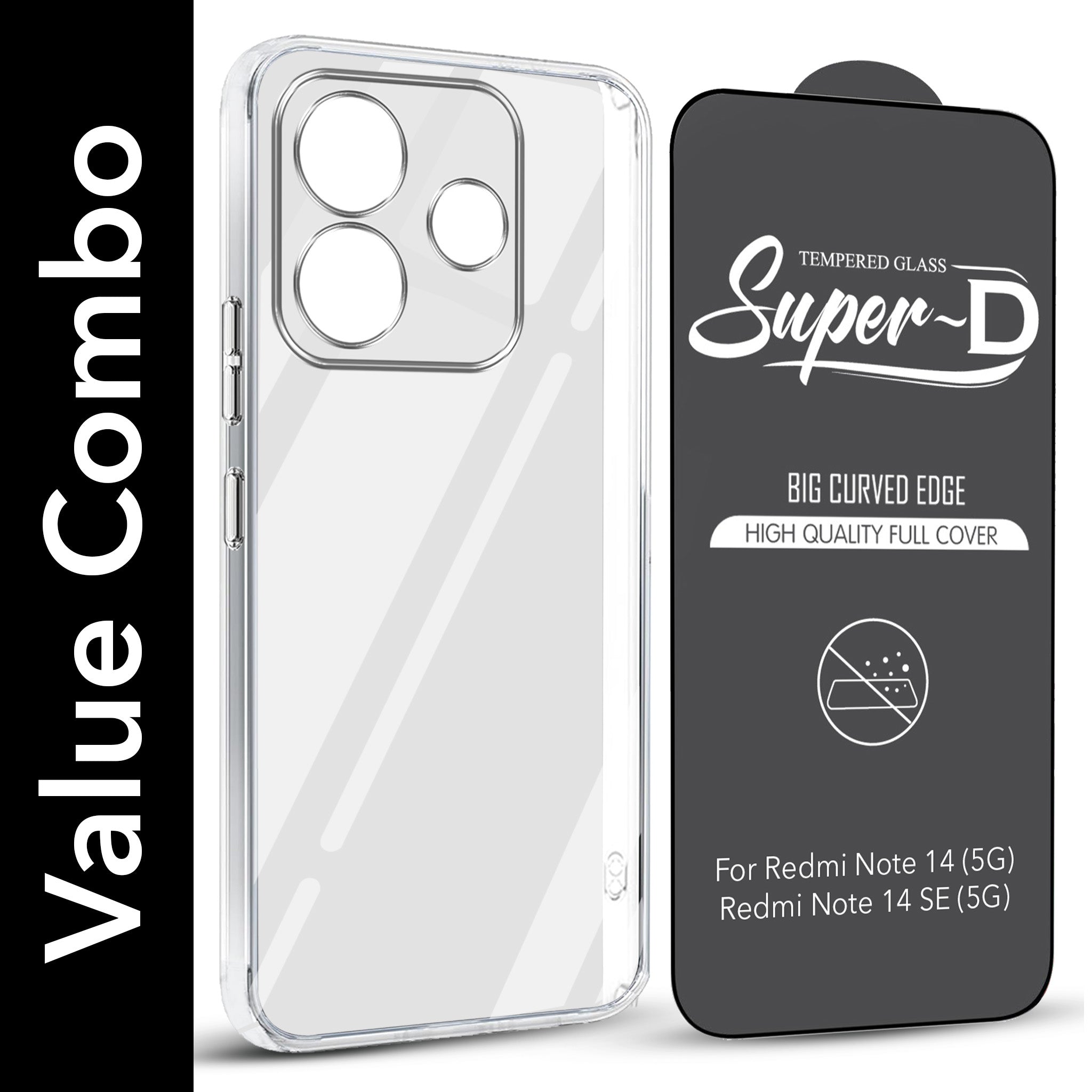 For Redmi Note 14 5G | Redmi Note 14 SE Combo with Back Cover and 9H Tempered Glass (Lifetime Anti-Yellow | Sleek Hard Crystal | Oleophobic Coating Screen Glass)