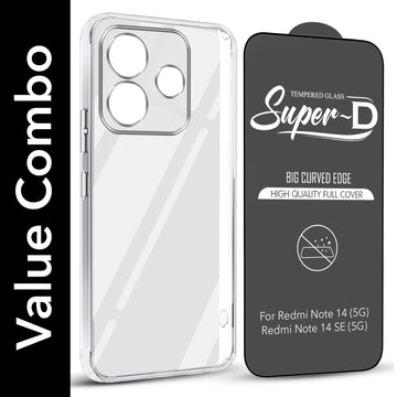 For Redmi Note 14 5G | Redmi Note 14 SE Combo with Back Cover and 9H Tempered Glass (Lifetime Anti-Yellow | Sleek Hard Crystal | Oleophobic Coating Screen Glass)