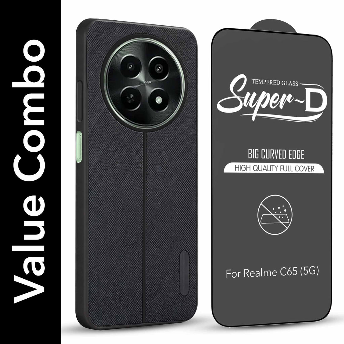 For Realme C65 5G Combo with Back Cover and 9H Tempered Glass (Textured Grip Design | Micro-Fiber Cloth Inside | Oleophobic Coating Screen Glass)