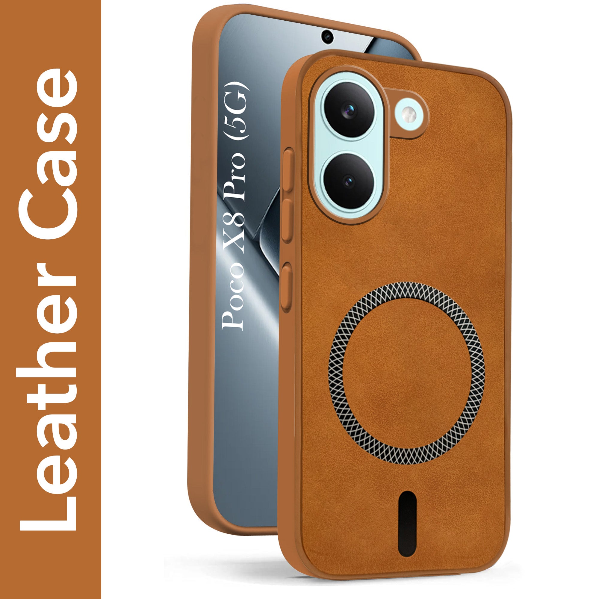 For Poco X8 Pro Back Cover Case Leather Finish (MagSafe Compatible Wireless Charging | Soft Touch | Camera Bump Protection)