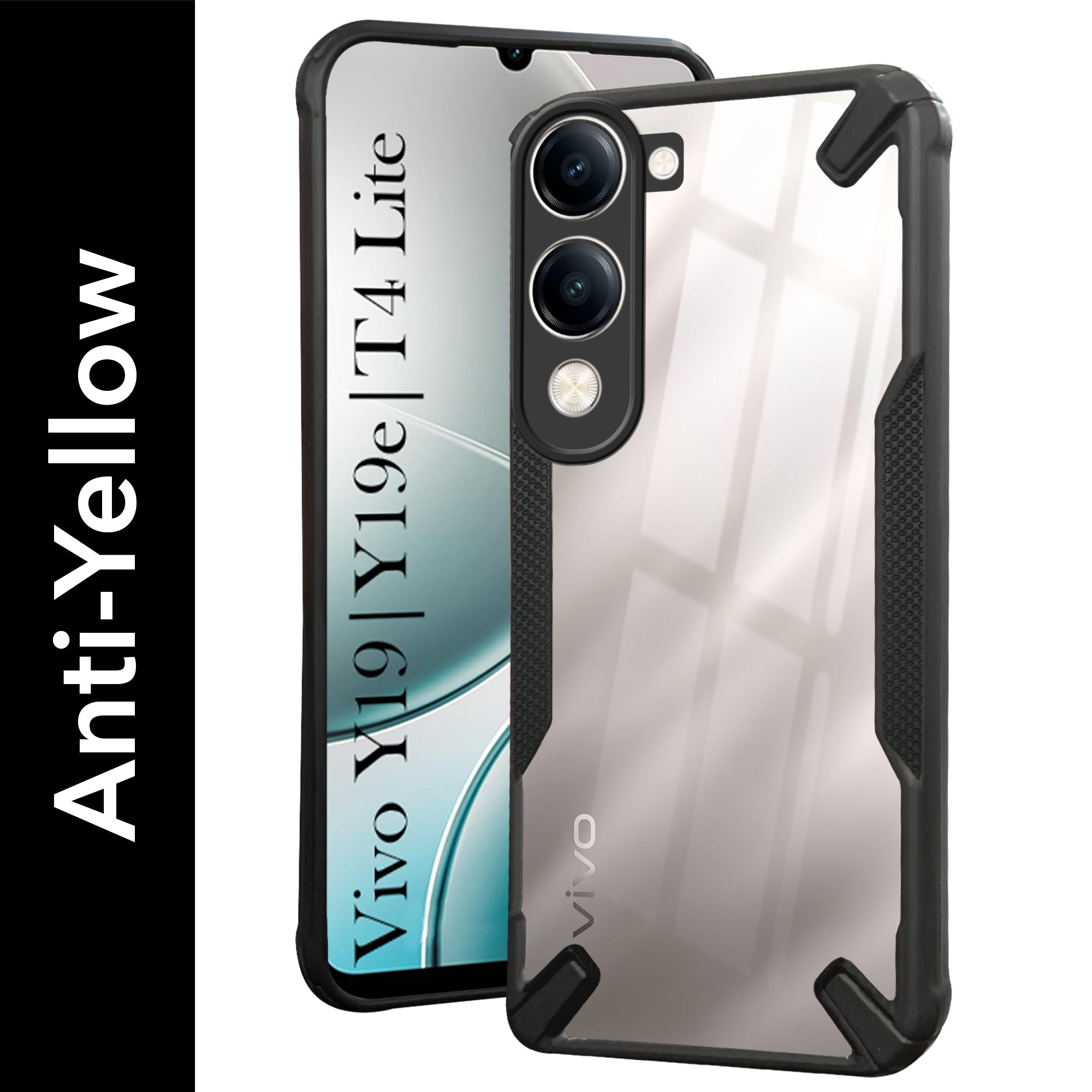 For Vivo Y19 | Vivo Y19e | Vivo T4 Lite Back Cover Case (Hybrid Crystal | Ultimate Shockproof Bumpers | Anti Yellow | Rugged Armor | Black )