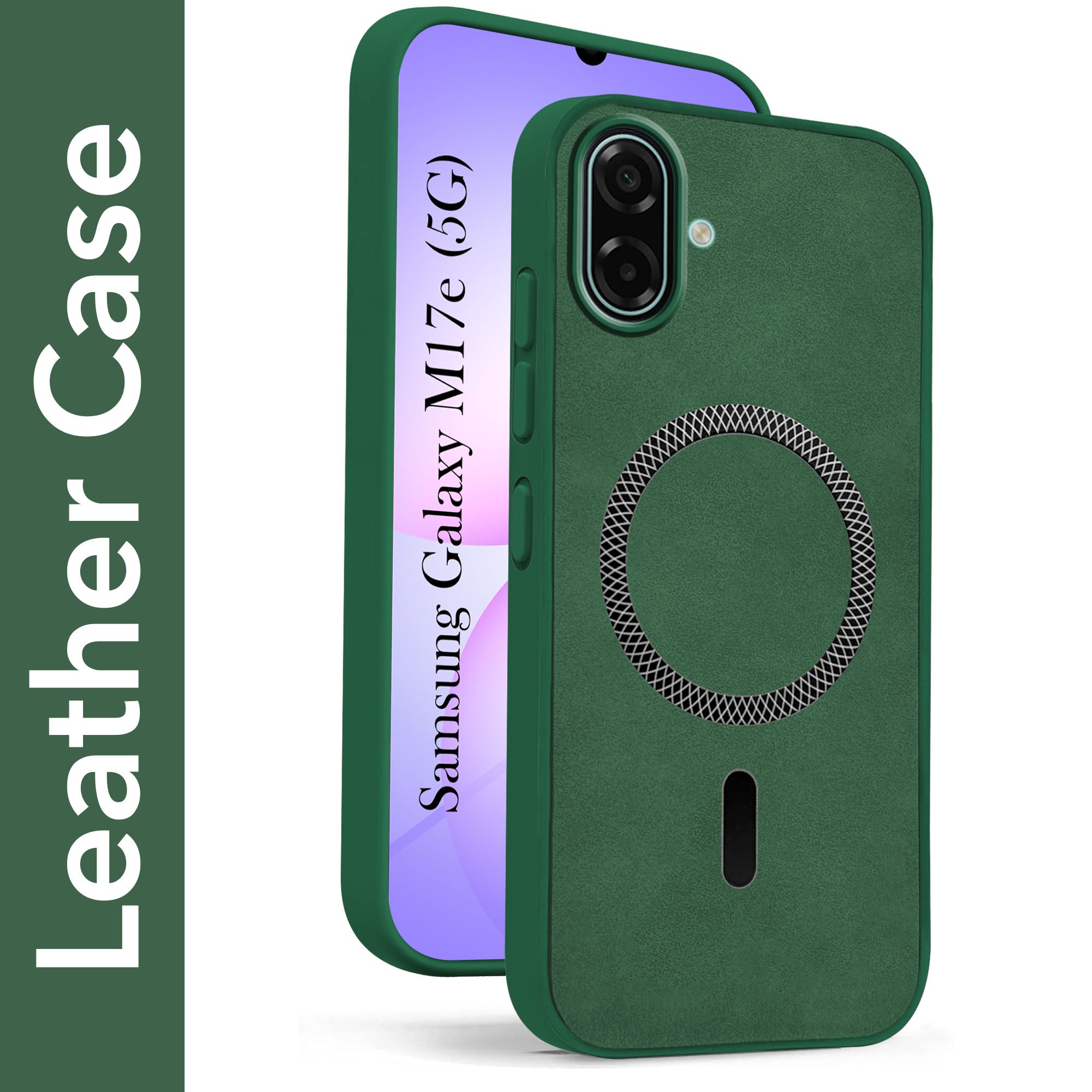 For Samsung Galaxy M17e Back Cover Case Leather Finish (MagSafe Compatible Wireless Charging | Soft Touch | Camera Bump Protection)