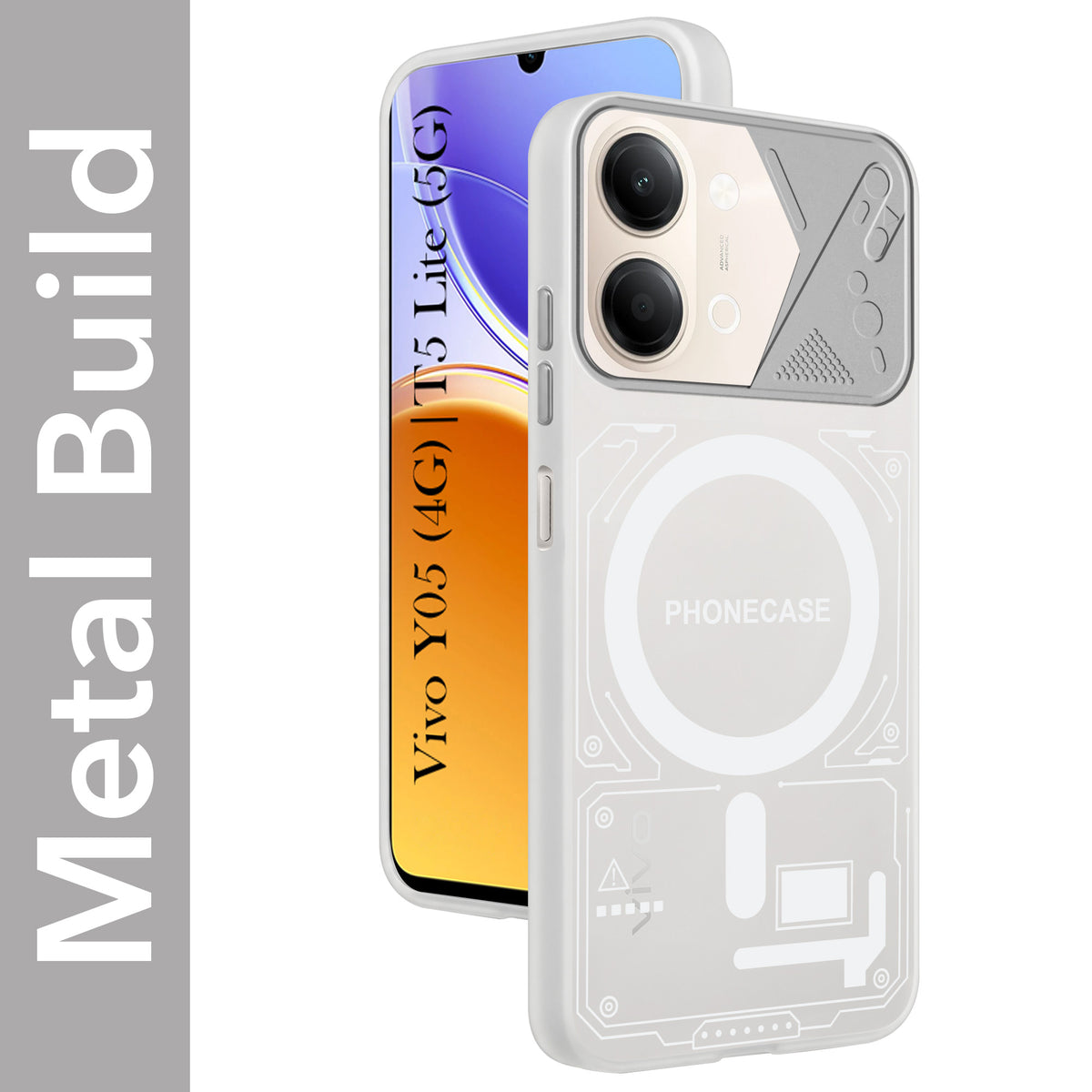 For Vivo Y05 4G | Vivo T5 Lite 5G Metallic Back Cover Case (Metallic Camera Protection & Buttons | Translucent Milky Shade | Hard Polycarbonate)