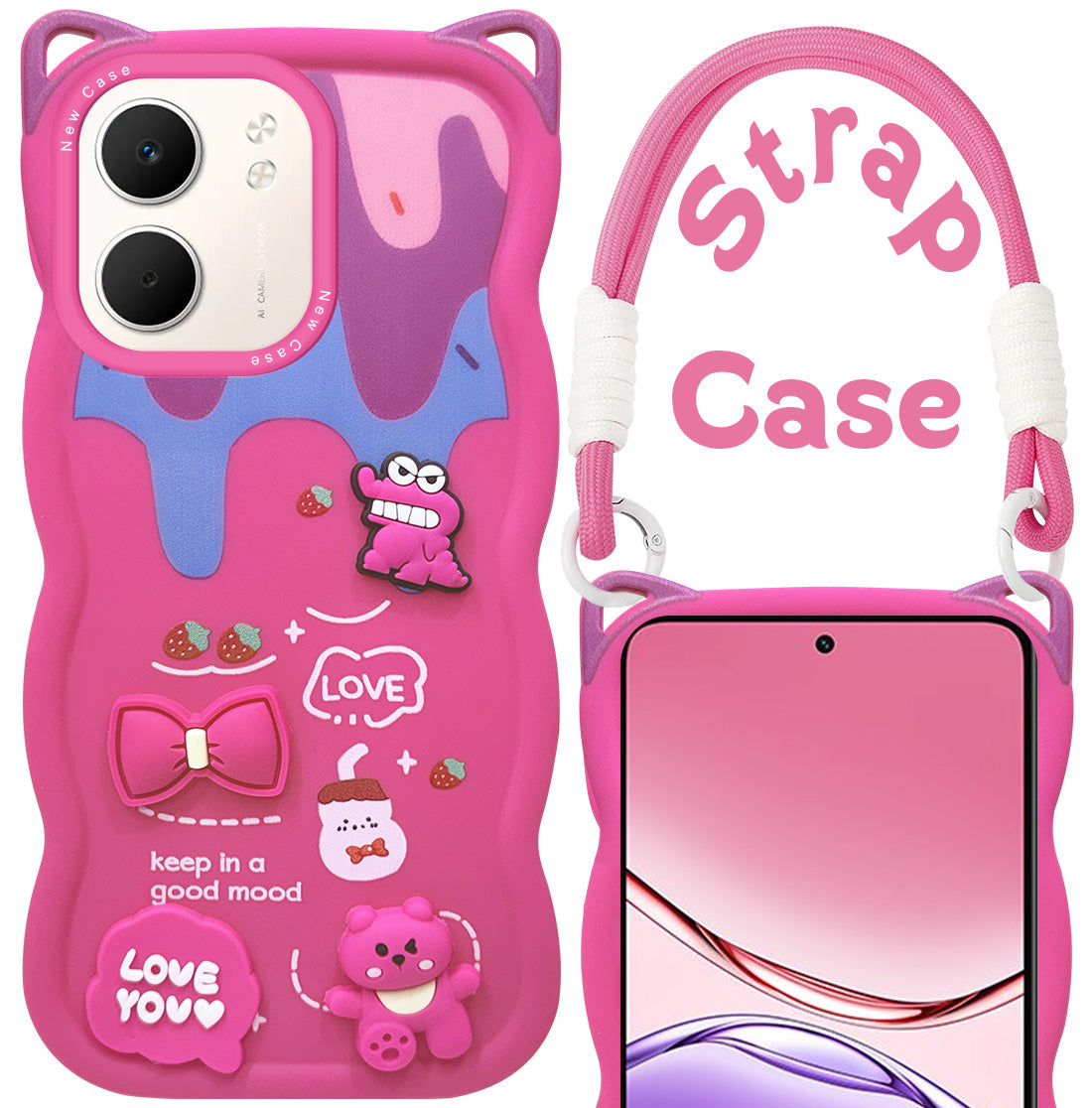For Oppo A5X Back Case Cover Strap (3D embossed Figures | Strap Holder | 360* Soft Cushion with Camera Bump)