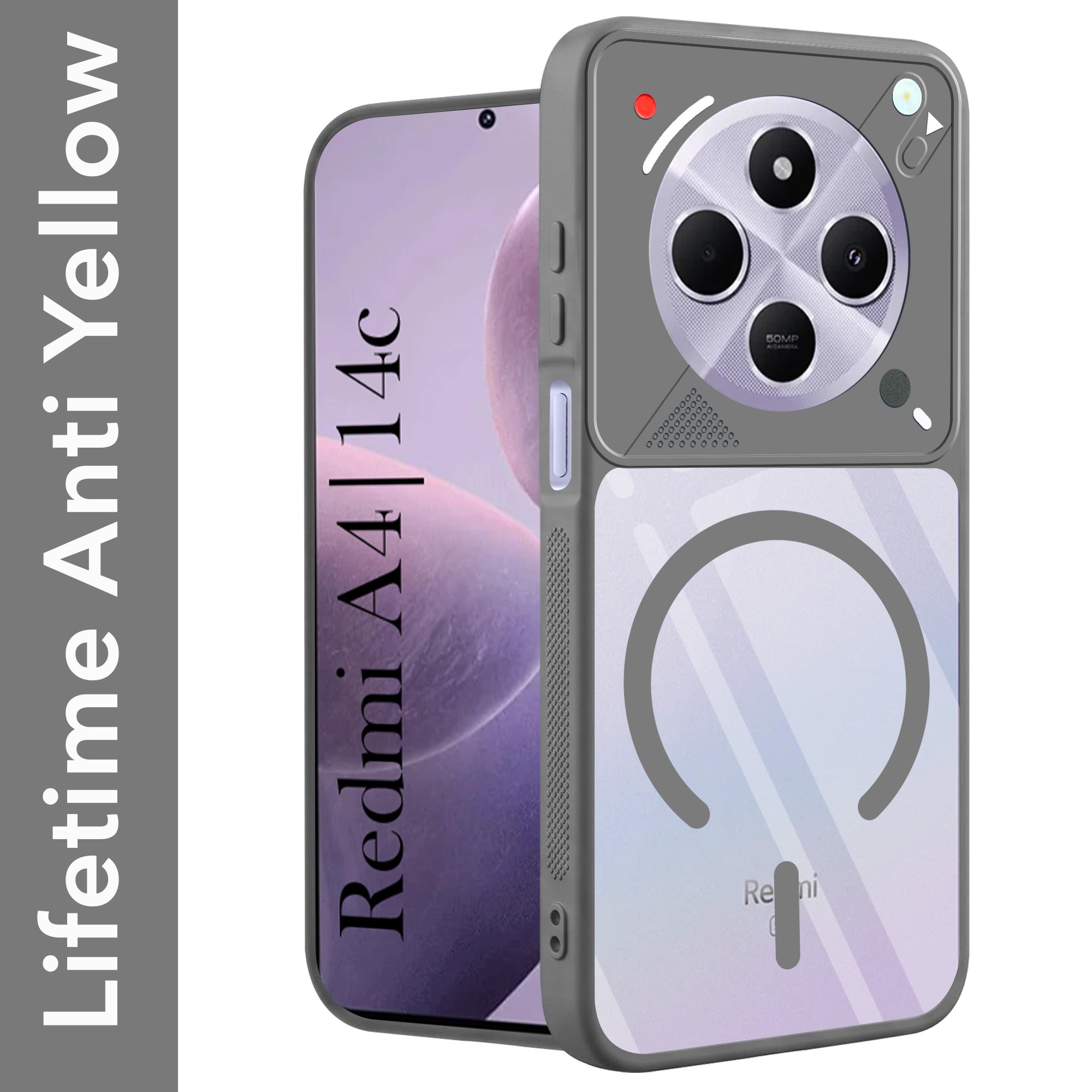 For Redmi A4 5G | Xiaomi Redmi 14C Back Cover Case Lifetime Anti-Yellow Clear (Camera Protection | Side Grip | Wireless MagSafe Compatible)