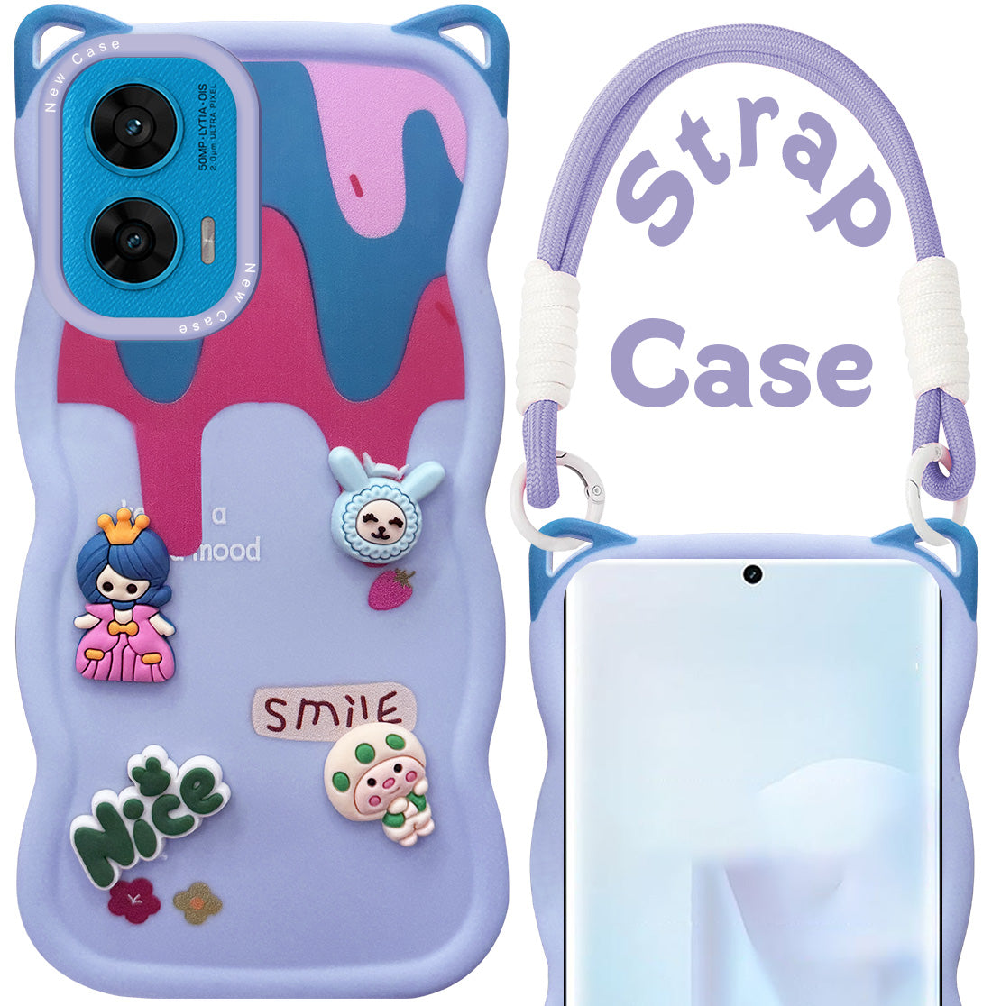 For Motorola Moto G96 Back Case Cover Strap (3D embossed Figures | Strap Holder | 360* Soft Cushion with Camera Bump)