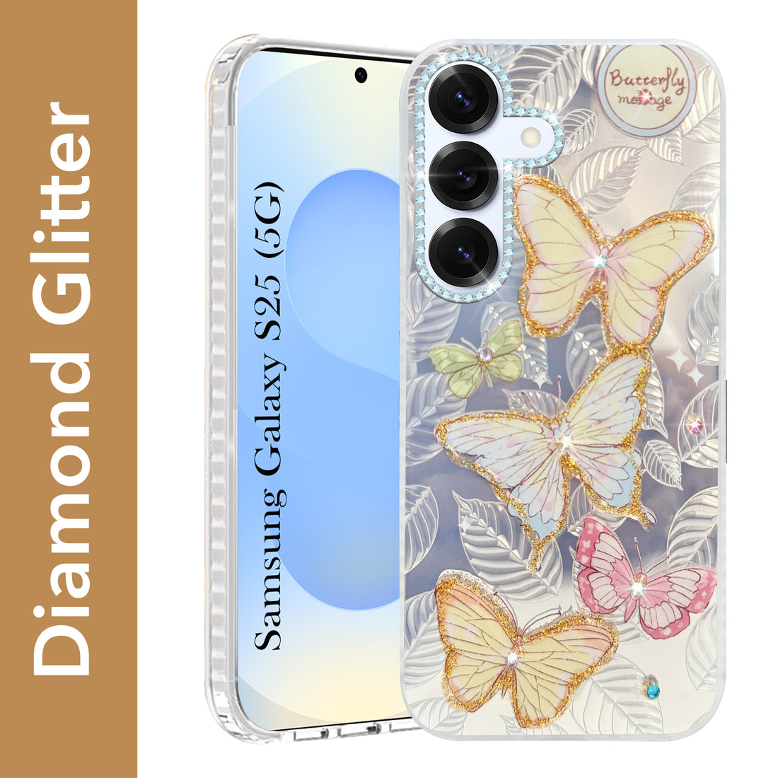 For Samsung Galaxy S25 Back Cover Case (Luxury Floral Glitter Cute Butterfly | Diamond Studded Camera Bump | Girls & Women Design)